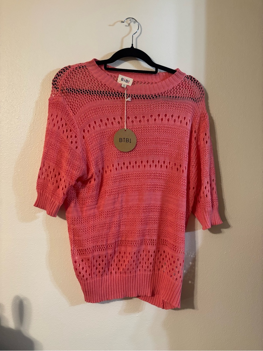 BiBi Coral-Pink Open Knit Short Sleeve Sweater